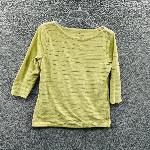 Talbots Womens Top Medium Yellow Eyelet Knit Stretch 3/4 Sleeve Button Detail - Picture 1 of 9